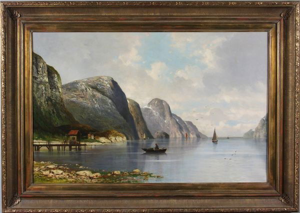 Normann, Boaters in Fjord, O/C: Signed Adelsteen Normann (Norwegian, 1848-1918), boaters in a fjord, oil on canvas, 27 1/2" x 41 3/4", 35 3/4" x 50 1/4" (frame).