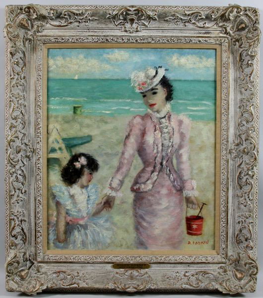 Edzard, "Femme et Enfant au Plage", O/C: Dietz Edzard (German, 1893-1963), labeled "Femme et Efant auPlage", oil on canvas, signed lower right "D. Edzard", 22" x 19", 30 1/2" x 27" frame size. Provenance: from the collection of a French Nobl