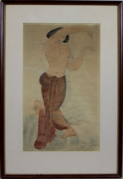 Signed "Rodin," Cambodian Dancer, W/C: Signed "Rodin," Cambodian dancer, watercolor, signed lower right, 16 1/2" x 10" sight size, 21 3/4" x 15 1/2" frame size. Numerous tears.