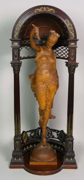 Carved Pear Wood Statue of Theresa: Circa 1900 carved pear wood statue of Theresa, after Vanthier in elaborate wood display stand, statue measures 26 1/2"h, stand with ormulu mounts measures 31 1/2"h. Some damage to fretwork on stand.