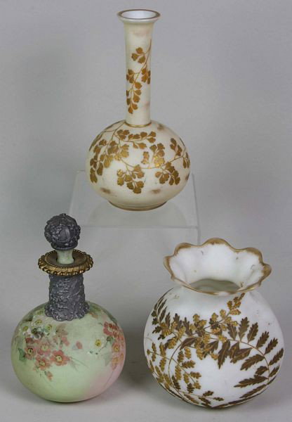 3 Pieces Mt. Washington Art Glass: Collection of three (3) pieces of 19th century Mt. Washington art glass to include: tow (2) vases and a cologne, tallest measurese 7 1/2". Undamaged.