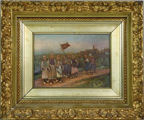 19th C. Dutch School Painting: 19th century Dutch school, school children, oil on paper mounted on canvas, 4" x 5 3/4", 8" x 9 3/4" frame size, in original gilt wood frame.