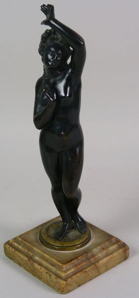 19th C. French Grand Tour Bronze: 19th century French Grand Tour dore bronze, nude, on marble base, 11"h x 3 3/4"w x 3 3/4"d.