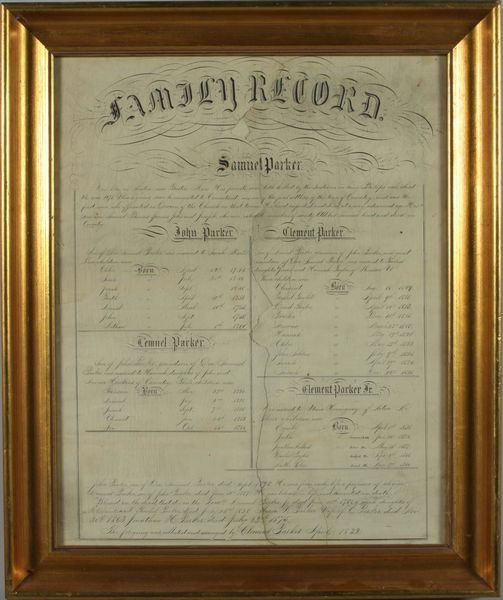 19th C. Family Record: 19th century framed family record of Samuel Parker, 20" x 15 3/4" (sight), 23 3/4" x 19 3/4" (frame). Center tear.