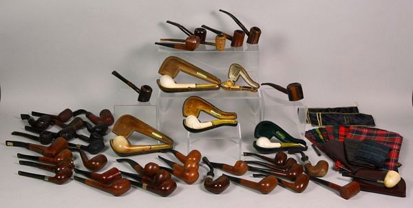 Collection of Pipes: Collection of forty-four (44) pipes to include: Sandblasted Briar, Alfred Dunhill of London, Comay Savinelli, Charaton of London, Peterson of Dublin, Wellington, Ropp Cherrywood of France and Meerscha