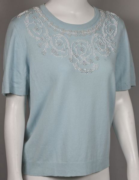Escada Sweater: Pale blue Escada Margareta Ley short sleeved sweater with pearl and bead detail around collar, size 42. Good condition.