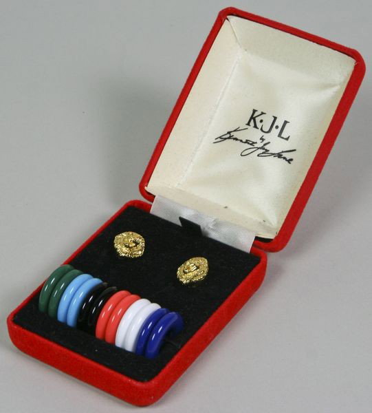 Kenneth Jay Lane Earrings: Kenneth Jay Lane interchangable earrings in original box, 1" (earring with attachment).
