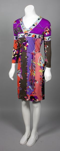 Pucci V-Neck Dress: 1960s Emilio Pucci silk v-neck dress in purple, light blue, brown and peach, leaves and flowers print. Condition: seam undone at bottom, minor staining to collar and armpits.