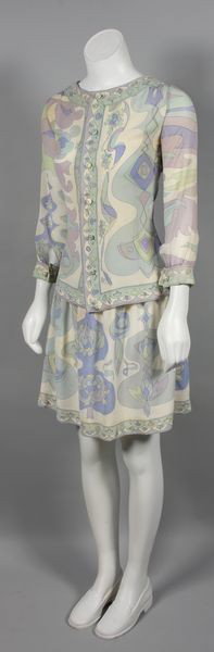 Emilio Pucci Two Piece Outfit: 1960s Emilio Pucci silk wide collar covered button-up shirt and matching skirt in cream, pale purple, pale blues, mint. Condition: considerable staining to top, minor staining to bottom.