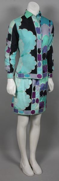 Emilio Pucci Two Piece Outfit: 1960s Emilio Pucci covered button-up cotton collared shirt and matching skirt in aqua, purple, periwinkle and black. Condition: skirt in good, clean condition; shirt has minor staining on collar and s
