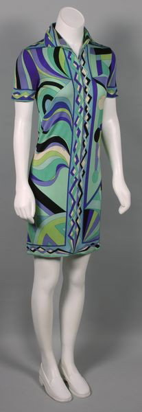 Emilio Pucci Dress: 1960s Emilio Pucci silk jersey collared half-zip dress in blues, mint, purple and black. Condition: staining to armpits, minor staining throughout.
