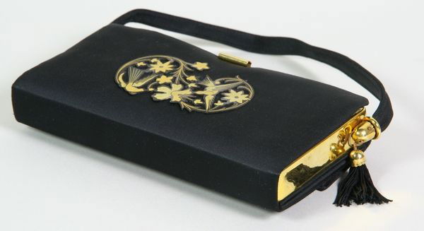 Judith Leiber Handbag: Judith Leiber evening/cosmetic bag with bird and flower detail, 7" x 3 1/2".