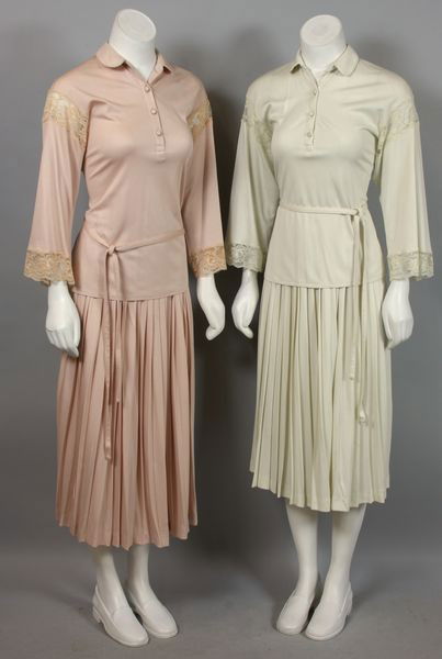 Early 1970s Myles Morton Outfits: Lot of two (2) early 1970s Morton Myles outfit sets to include: long sleeved top with lace accents, pleated skirt and belt, pink one is size 6, white one is size 4.