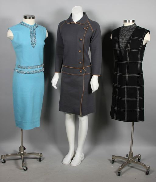 Three 1960s Sabrina Knits Outfits: Three (3) 1960s Sabrina knits outfits to include: blue shirt and skirt set with beading detail (Australian wool yarn), grey and orange wool dress (size 10) and knit black and silver dress. All are in 