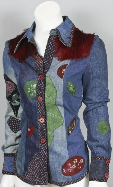 Roberto Cavalli Demin Jacket: Roberto Cavalli distress denim jacket with suede and fur applique details, approximate size small.