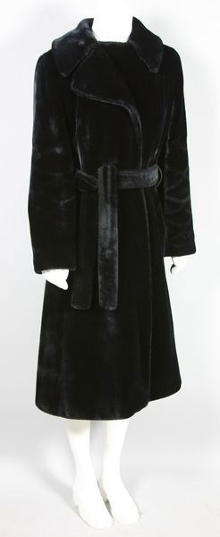 Late 60s Borgazia Faux Fur Coat: Late 1960s Borgazia black faux fur coat with belt purchased at Worth of Boston In the Back Bay. Good condition.