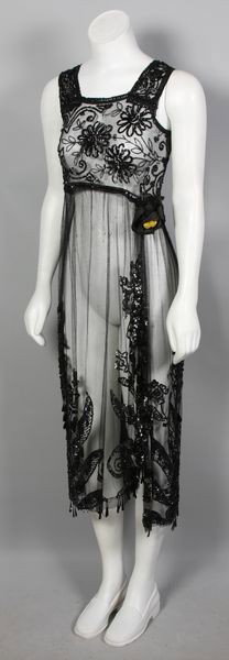 1920s Knit Flapper Dress: 1920s knit flapper dress with rose and embroidered with sequins, approximate size 7/8. Good condition.