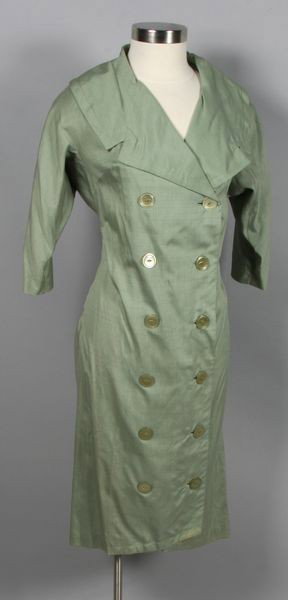 1950s Double Breasted Dress: 1950s ladies double breasted dress with label 'Jane Parker', made of gabardine with tie in the back and 3/4 sleeves. Good condition.