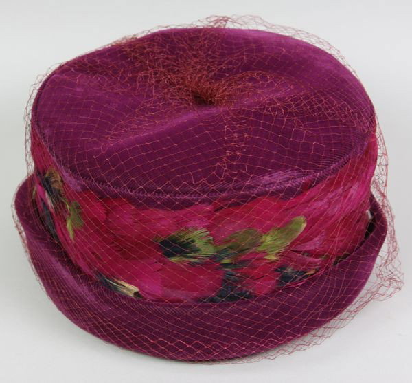 1960s Velvet and Feather Hat: 1960s vintage velvet and feather hat, 8" dia x 4 1/2" tall. Good condition.