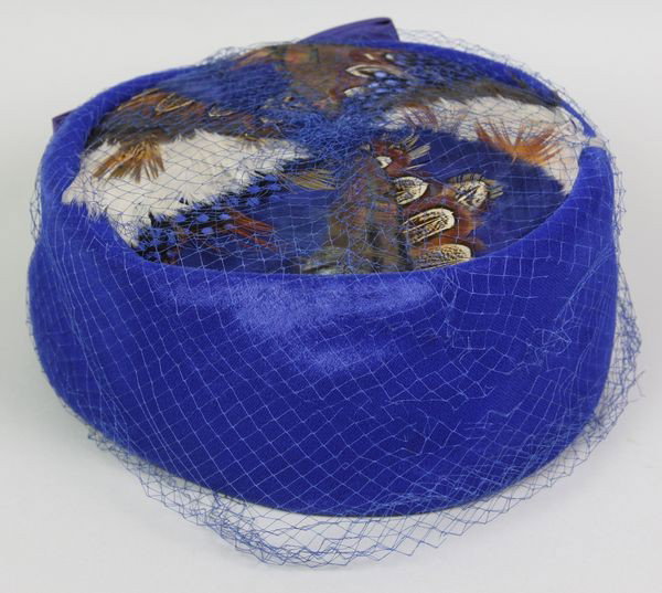 1960s Velvet and Feather Hat: 1960s vintage velvet and feather hat, 8" dia x 3 1/2" tall. Good condition.