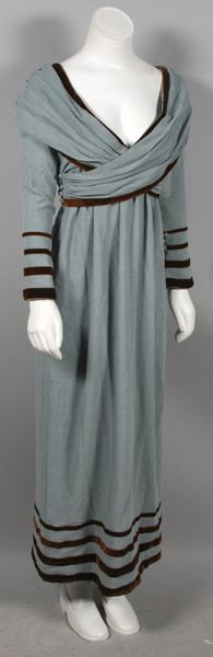 Vintage Chloe Dress: Vintage pale blue bohemian style Chloe dress with brown velvet trim and built-in belt/wrap with snaps, approximate size small/medium. Some snaps broken off.