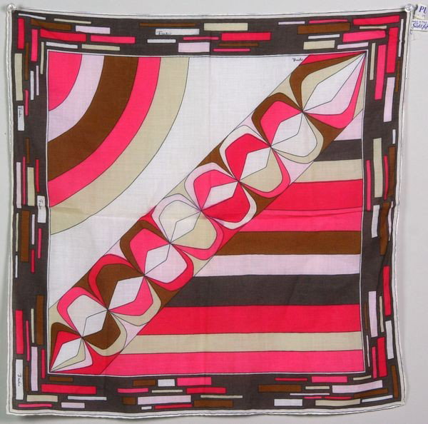 Emilio Pucci Scarf: 1960s Emilio Pucci Cotton scarf in browns, pinks, reds and whites, 17" square.
