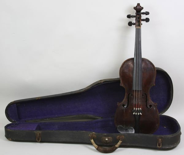 Early 19th C. Violin with Case: Early 19th century violin with case, labeled "sold by John Johnston, Harp & Crown, Cheapside, London," and "Repaired Dec. 20th, 1834," 13 3/4" body, 23 1/4" overall, old repair to body.