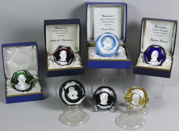 Collection of Seven Sulphide Portrait Paperweight: Collection of seven sulphide portrait paperweights of famous American personalities to include: Eleanor Roosevelt, John & Jackie Kennedy, Herbert Hoover, Thomas Paine, Adlai Stevenson, Patrick Henry, 