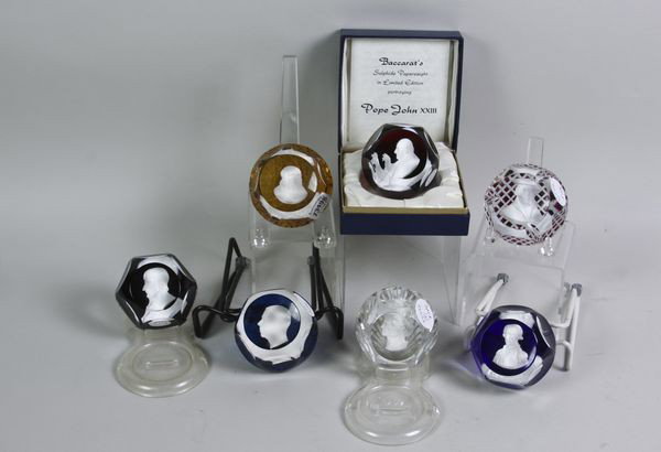 Collection of Seven Sulphide Portrait Paperweight: Collection of seven sulphide portrait paperweights of famous world personalities including: Leonardo DaVinci, Pope John XXIII, Napoleon Bonaparte, Gustaf Adolf (king of Sweden), Martin Luther, Queen E
