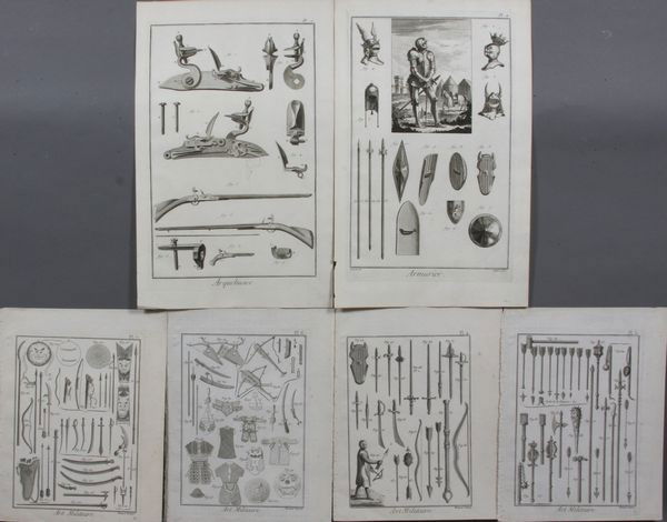 (6) 18/19th C. Engravings, Weapons & Armor: Group of six (6) 18th/19th Century French bookplate engravings of military weapons and armor, largest paper 15 3/4" x 10". Slight foxing and small edge chips.
