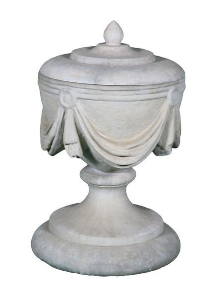English Dry Cast Limestone Finial: English dry cast limestone finial with swag design on body, 26" high x 16" diameter, approximately 135 lbs total. Undamaged.