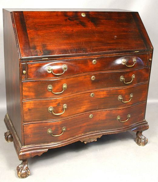 18th C. MA Chippendale Mahog Slant-Lid Desk: 18th Century Massachusetts Chippendale mahogany and birch slant-lid desk, having solid brass handles, 44"h. x 41 1/2"l. x 21"d. Good, sturdy condition.