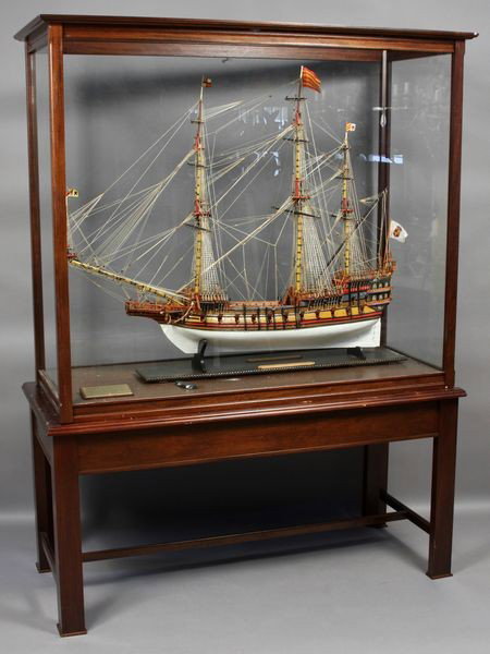 C1978 Ship Model,Corona De Espana,Besgneux: Circa 1978 ship model of "Corona de Espana", built by Maurice Besgneux, approximately 47"l. x 42"h., case 58 1/2"l. x 77"h. x 25 1/2"w. Good condition.