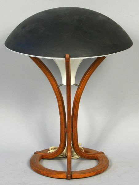 Table Lamp on Wooden Base: Table lamp on wooden base with torchiere dome and glass shade, 22"h x 17 1/2"dia. Worn condition, cracked shade, filled and repainted. Provenance: From the 20th Century Props lighting collection in Ho