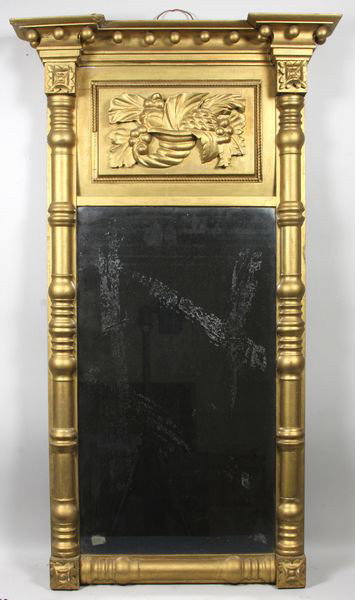Early 19th C. Sheraton Mirror: Early 19th Century Sheraton split turned column gold painted mirror with carved cornucopia top panel, 41 1/2" h x 23 1/2"w x 20 1/2" deep.