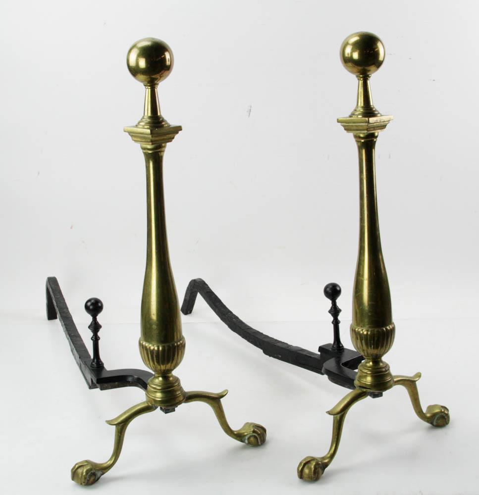Chippendale Brass Andirons and Tools (1 of 5)