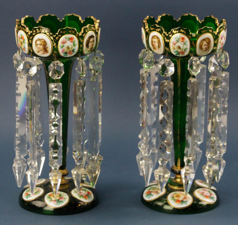 Pair of 19thC Decorated Green Crystal Lusters (1 of 5)
