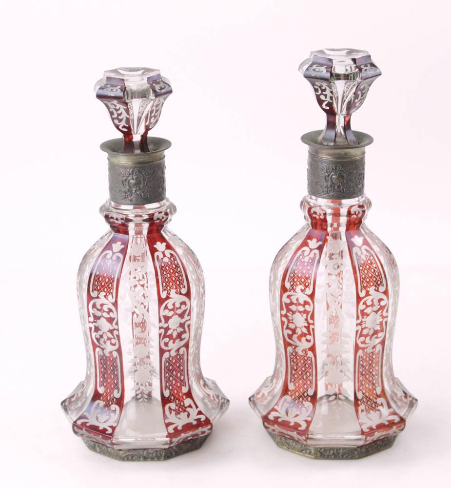 Continental Cut Ruby Decanters with Silver Trim (1 of 6)
