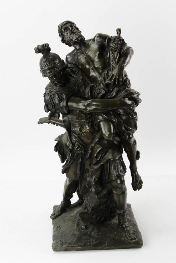 Large Antique Bronze Figural Group after Lepautre: Large antique bronze after Pierre Lepautre, figural group of Aeneas, Anchises, and Ascanius, signed Lepautre, 22 1/2" H x 9 1/2" W x 10" D.