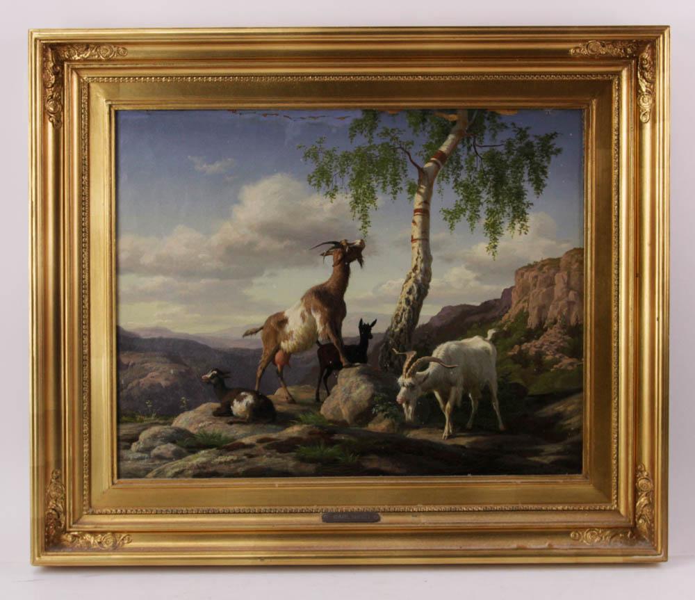 Carl Henrik Bogh, Mountain Goats, Oil on Canvas: Carl Henrik Bogh (Danish, 1827-1893), mountain goats, oil on canvas, signed L/R, 15" x 19", framed 22" x 25".