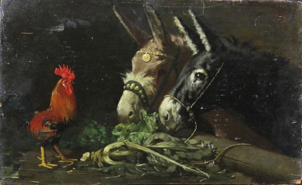 Barnyard Scene, O/P: Barnyard scene with donkeys and rooster, oil on panel, signed indistinctly lower right 'Costa', 9 3/4" x 15 1/2", unframed. 1/4" chip to lower right corner.