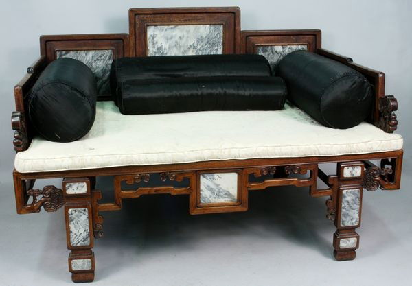 18th-19th C. Chinese teakwood & jade or marble op: 18th-early 19th Century Chinese teakwood and jade or marble opium bed, 49" h. x 73"l. x 49 1/2"d. In good condition. Old finish.