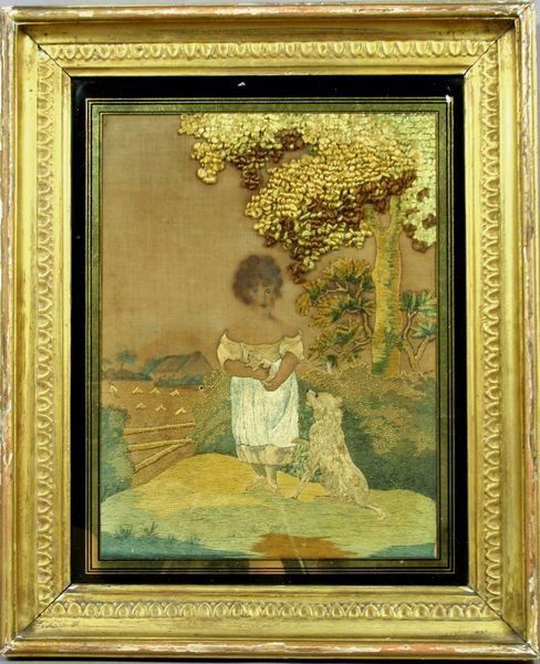 19th C. Needlework of Young Girl with Her Dog: 19th Century needlework of a young girl with her dog, reverse painted border on glass, 10" x 7 5/8" (sight), in frame 14 1/2" x 12". One small hole approx. 1/16".