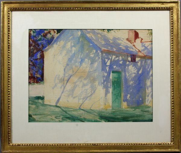 Signed John Whorf, The Green Door, w/c: John Whorf (American, 1903-1959), The Green Door, blue shadows on white stucco house with green door and brick chimney, w/c, signed LL "John Whorf", in gilt wood frame with white mat, 14" x 19" (sight