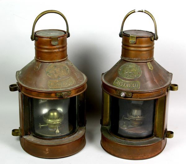 Copper Masthead Lanterns: Pair of copper masthead lanterns, 15"h.