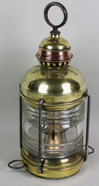 Ship's Lantern: Anchor brass and copper ship's lantern, 16 1/2".