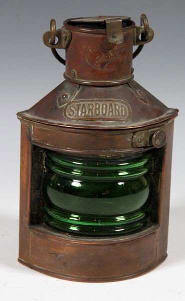 Ship's Lantern: Starboard copper ship's lantern with emerald shades, 8 1/2".