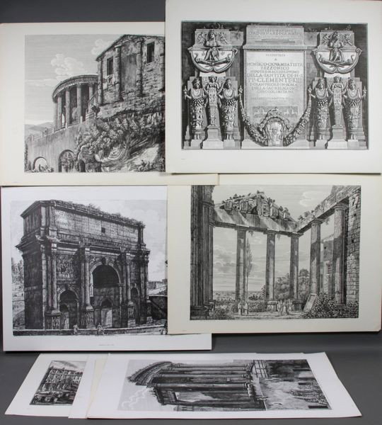 Architectural Prints: Group of eight (8) 20th Century reprints of architectural subjects, (4) by Rossini and (3) by Piranesi, printed by Sidney Z. Lucas, and (1) by Rossini printed by Ridgefield. Largest paper 23 1/4" x 29