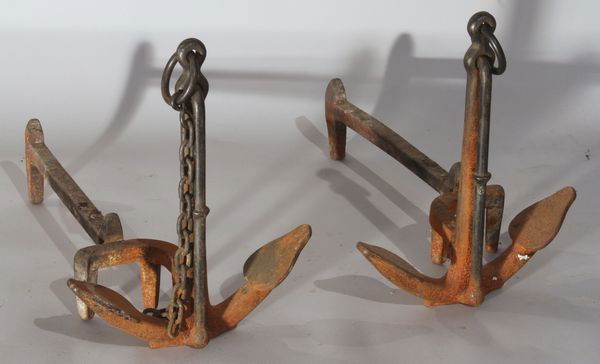 19th C. Andirons: 19th/20th Century anchor andirons, 16" x 11". Good condition.