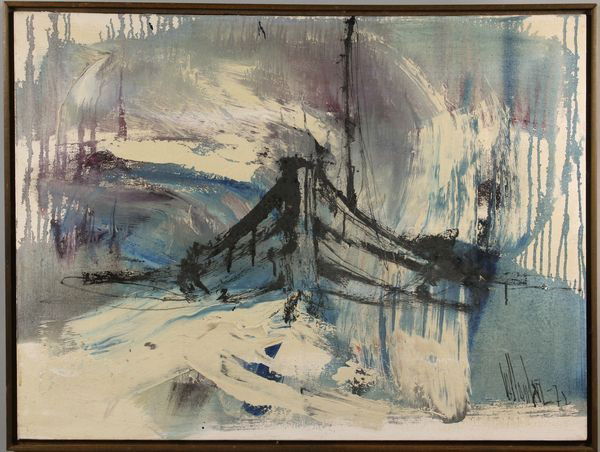 Hollander, O/C: Gino Hollander (b. 1924), "Blue Boat", oil on canvas, 31 1/2" x 41 1/2" (frame). Provenance: purchased at Hollander Galley, New York.